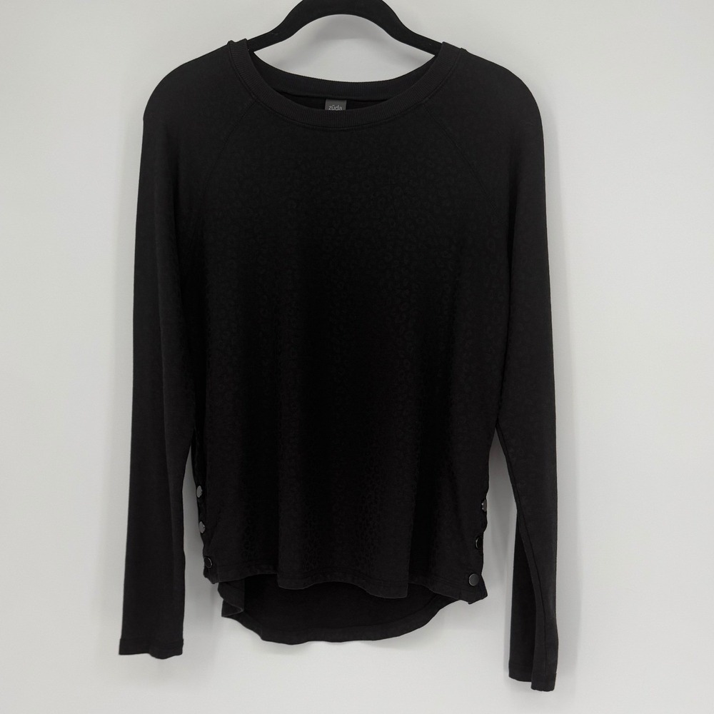 Zuda Womens Black Leopard Print Snap Side French Terry Pullover Sweatshirt S